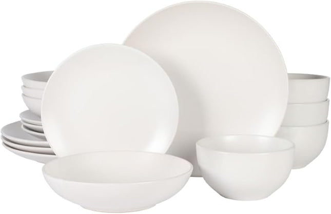 Gibson Home Queenslane 16 Piece Plates and Bowls Dishes Stoneware Ceramic Dinnerware Sets - Matte White