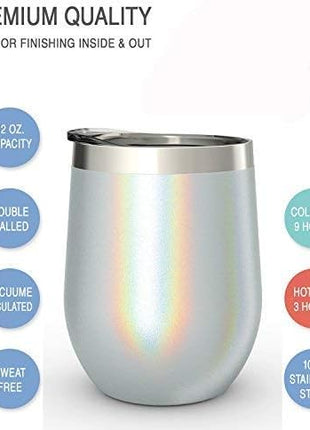 CHILLOUT LIFE 12 oz Stainless Steel Wine Tumbler with Lid - Double Wall Vacuum Insulated Wine Cup Glass Keeping Cold & Hot for Coffee, Champagne, Cocktails, Ice Cream - Holographic Glitter