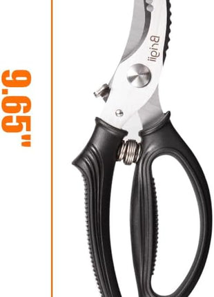 Brigii Kitchen Shears, Stainless Steel Heavy Duty Poultry Shears, Multi-Purpose Kitchen Scissors for Cutting Chicken, Fish, Seafood, and Vegetables, Spring Loaded-KS05Black