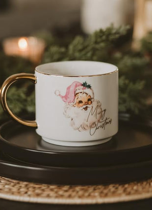 Sweet Water Decor Santa Coffee Mug, 14oz China Christmas Mug with Gold Handle, Large Holiday Winter Cup for Coffee, Tea & Hot Chocolate, Stocking Stuffer Gifts for Women