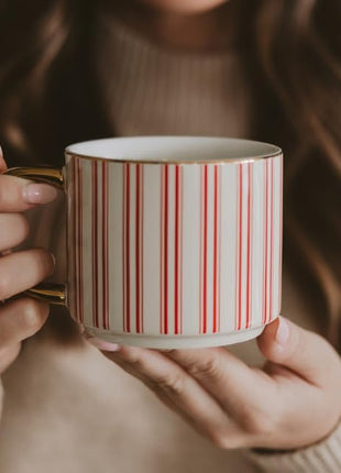 Sweet Water Decor Red Stripe Coffee Mug, 14oz China Christmas Mug with Gold Handle, Large Holiday Winter Cup for Coffee, Tea & Hot Chocolate, Stocking Stuffer Gifts for Women