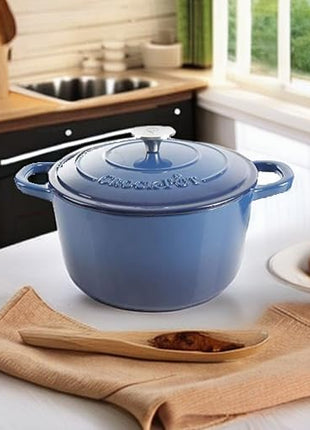 Crock-Pot Artisan 5-Quart Round Enameled Cast Iron Dutch Oven – Blue, Durable Heavy-Duty Cookware for Slow Cooking, Roasting, Baking with Lid