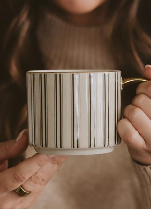 Sweet Water Decor Green Stripe Coffee Mug, 14oz China Christmas Mug with Gold Handle, Large Holiday Winter Cup for Coffee, Tea & Hot Chocolate, Stocking Stuffer Gifts for Women