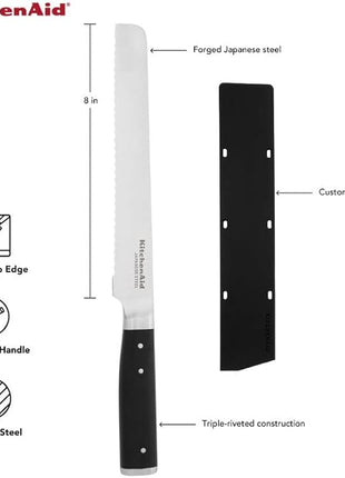 KitchenAid Gourmet Forged Triple Rivet Bread Knife with Custom-Fit Blade Cover, 5-inch, Sharp Kitchen Knife, High-Carbon Japanese Stainless Steel Blade, Black