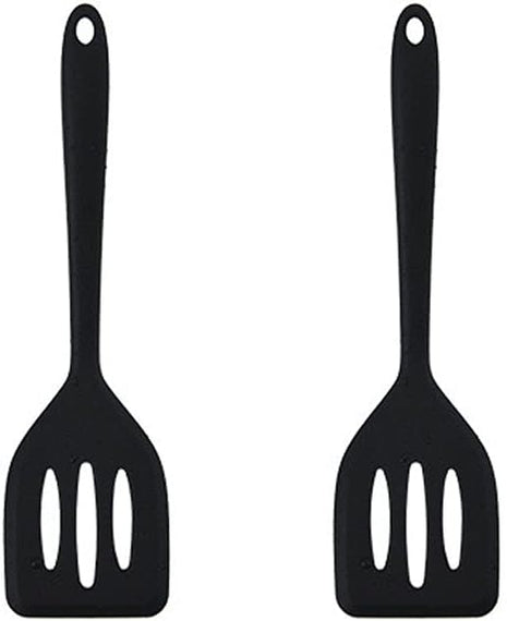 2Pack Small Silicone Turner High Heat Resistant Slotted Spatula for Fish, Eggs, Pancakes and More (8.2 IN, Black)