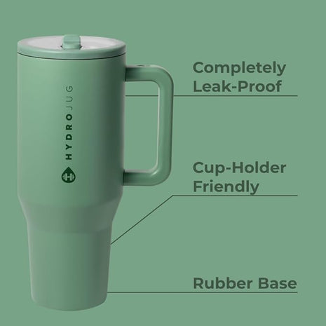 HydroJug Traveler - 40 oz Water Bottle with Handle & Flip Straw - Fits in Cup Holder, Leak Resistant Tumbler-Reusable Insulated Stainless Steel & Rubber Base - Gifts for Women & Men, Sage
