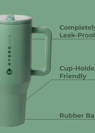 HydroJug Traveler - 32 oz Water Bottle with Handle & Flip Straw - Fits in Cup Holder, Leak Resistant Tumbler-Reusable Insulated Stainless Steel & Rubber Base - Gifts for Women & Men, Sage