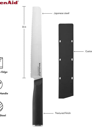 KitchenAid Classic Serrated Bread Knife with Custom-Fit Blade Cover, 8-inch, Sharp Kitchen Knife, High-Carbon Japanese Stainless Steel Blade, Black
