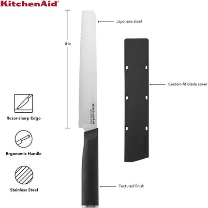 KitchenAid Classic Serrated Bread Knife with Custom-Fit Blade Cover, 8-inch, Sharp Kitchen Knife, High-Carbon Japanese Stainless Steel Blade, Black