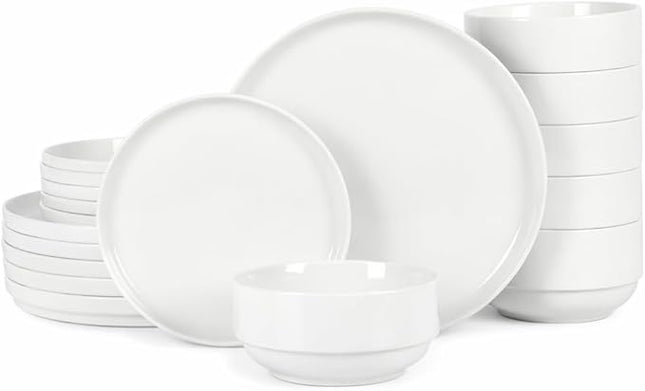Gibson Home Rothernberg 18-Piece Stackable Porcelain Dinnerware Set, Service for 6 – White Plates and Bowls, Microwave & Dishwasher Safe