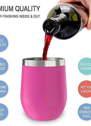 CHILLOUT LIFE 12 oz Stainless Steel Wine Tumbler with Lid - Double Wall Vacuum Insulated Wine Cup Glass Keeping Cold & Hot for Coffee, Champagne, Cocktails, Ice Cream - Powder Coated Pink