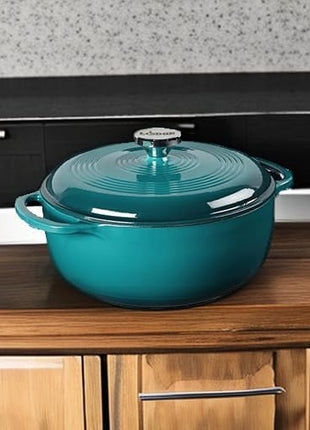 Lodge 4.5 Quart Enameled Cast Iron Dutch Oven with Lid – Dual Handles – Oven Safe up to 500° F or on Stovetop - Use to Marinate, Cook, Bake, Refrigerate and Serve – Lagoon