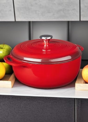 Lodge 7.5 Quart Enameled Cast Iron Dutch Oven with Lid – Dual Handles – Oven Safe up to 500° F or on Stovetop - Use to Marinate, Cook, Bake, Refrigerate and Serve – Island Spice Red