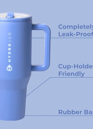HydroJug Traveler - 40 oz Water Bottle with Handle & Flip Straw - Fits in Cup Holder, Leak Resistant Tumbler-Reusable Insulated Stainless Steel & Rubber Base - Gifts for Women & Men, Light Blue