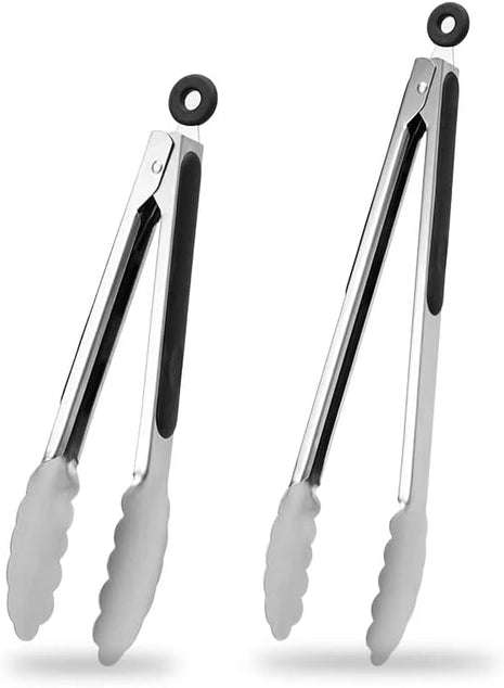 9 & 12 Inch Kitchen Tongs, Stainless Steel Metal Tongs Cooking Tongs, for Cooking Barbecue, BBQ Grilling, Buffet Serving (9"+12")