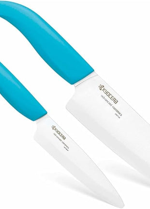KYOCERA Revolution 2-Piece Ceramic Knife Set: Chef Knife For Your Cooking Needs, 5.5" Santoku and 4.5" Utility Knife, White Blades with Blue Handles, White/Blue
