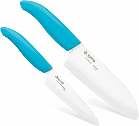 KYOCERA Revolution 2-Piece Ceramic Knife Set: Chef Knife For Your Cooking Needs, 5.5" Santoku and 4.5" Utility Knife, White Blades with Blue Handles, White/Blue