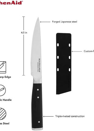 KitchenAid Gourmet Forged Triple Rivet Fine-Edge Utility Knife with Custom-Fit Blade Cover, 4.5-inch, Sharp Kitchen Knife, High-Carbon Japanese Stainless Steel Blade, Black