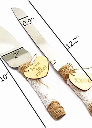 TANG SONG Rustic Style Stainless Steel Wedding Cake Knife and Serving Set Resin Plastic Handle with Twine Heart Love Wood Tag and Burlap Lace Design