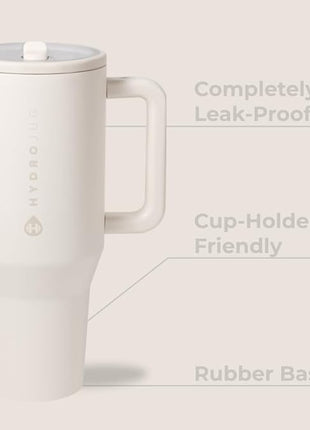 HydroJug Traveler - 32 oz Water Bottle with Handle & Flip Straw - Fits in Cup Holder, Leak Resistant Tumbler-Reusable Insulated Stainless Steel & Rubber Base - Gifts for Women & Men, Cream