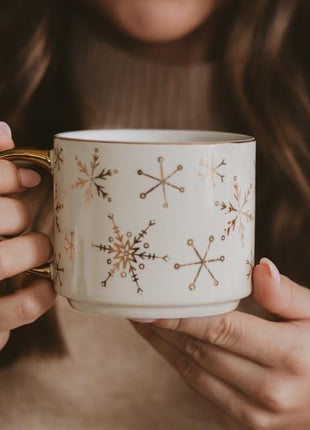 Sweet Water Decor Gold Snowflake Coffee Mug, 14oz China Christmas Mug with Gold Handle, Large Holiday Winter Cup for Coffee, Tea & Hot Chocolate, Stocking Stuffer Gifts for Women