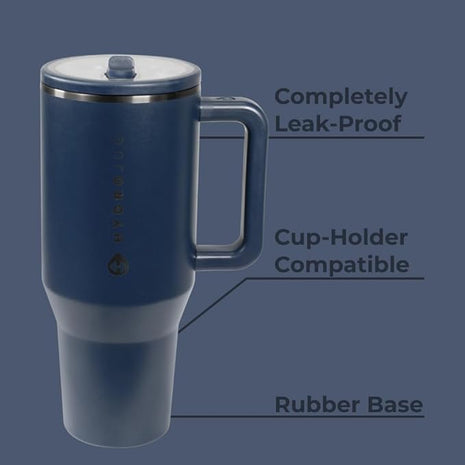 HydroJug Traveler - 40 oz Water Bottle with Handle & Flip Straw - Fits in Cup Holder, Leak Resistant Tumbler-Reusable Insulated Stainless Steel & Rubber Base - Gifts for Women & Men, Midnight