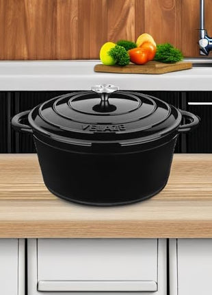 Velaze 7.5 QT Dutch Oven Pot with Lid, Enameled Cast Iron Dutch Oven with Dual Handles for Sourdough Bread Baking, Cooking, Non-stick Enamel Coated Cookware (Black)