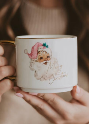 Sweet Water Decor Santa Coffee Mug, 14oz China Christmas Mug with Gold Handle, Large Holiday Winter Cup for Coffee, Tea & Hot Chocolate, Stocking Stuffer Gifts for Women