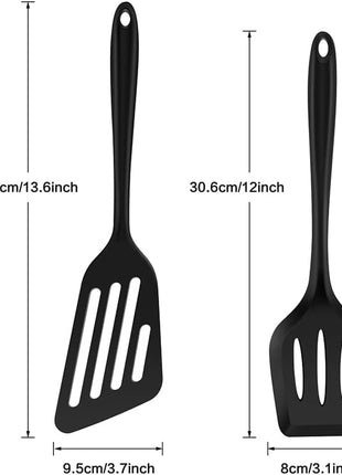 Silicone Spatula Turner Set, 2PCS Heat-Resistant Non-Stick Fish Slotted Spatula Kitchen Utensil Set for Cooking, Baking and Mixing, BPA Free & Dishwasher Safe (Black)