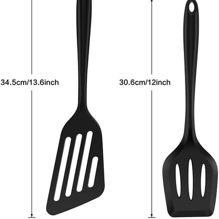 Silicone Spatula Turner Set, 2PCS Heat-Resistant Non-Stick Fish Slotted Spatula Kitchen Utensil Set for Cooking, Baking and Mixing, BPA Free & Dishwasher Safe (Black)