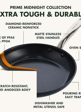 GreenPan Chatham Prime Midnight Hard Anodized Healthy Ceramic Nonstick, 10" and 12" Frying Pan Skillet Set, PFAS-Free, Dishwasher Safe, Oven Safe, Black
