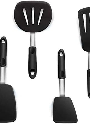 Set of 4 Silicone Spatula Utensils by Boxiki Kitchen. Professional Silicone and Stainless Steel Kitchen Spatula for Cooking, Pancakes, Eggs and Fish.