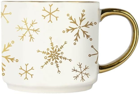 Sweet Water Decor Gold Snowflake Coffee Mug, 14oz China Christmas Mug with Gold Handle, Large Holiday Winter Cup for Coffee, Tea & Hot Chocolate, Stocking Stuffer Gifts for Women