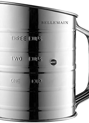 Bellemain 3 Cup Flour Sifter for Baking Fine Mesh Rotary Hand Crank with Loop Agitator for Quick Sifting, Flour Sifter Stainlees Steel