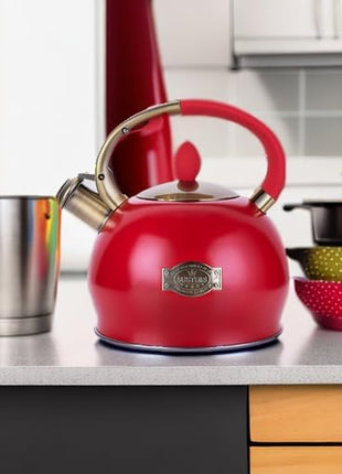 SUSTEAS Stove Top Whistling Tea Kettle - Food Grade Stainless Steel Teakettle Teapot with Cool Touch Ergonomic Handle, With 1 Silicone Pinch Mitt Included, 2.64 Quart(RED)