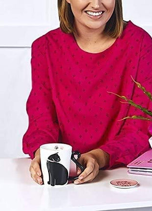 VOTUM Black Cat Ceramic White Coffee or Tea Mug - Animal Shaped Cup with Hand Printed Designs - Cute Handmade Gift for Men or Women Cat Lovers - 12 Fluid Ounce