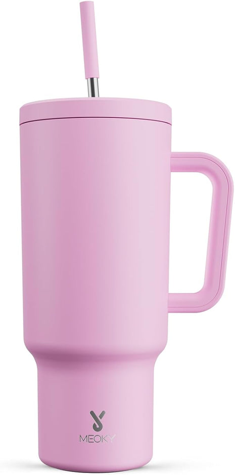 Meoky 40 oz Tumbler with Handle and Straw: Stainless Steel Insulated Tumbler with Lid and Straw - 100% Leak Proof Tumbler for Car Cup Holders - Travelers Commuters Workers, Pink