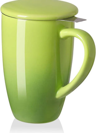 Sweejar Porcelain Tea Mug with Infuser and Lid,Teaware with Filter, Loose Leaf Tea Cup Steeper Maker, 16 Fl Oz for Tea/Coffee/Milk/Women/Office/Home/Gift (Gradient Green)