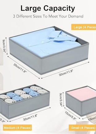 DIMJ Drawer Organizer Clothes, 12 Pack Dresser Organizer, Foldable Closet Organization and Storage Dividers, Fabric Dresser Drawer Organizers for Underwears, Nursery, Baby Clothes, Socks, Tie (Grey)