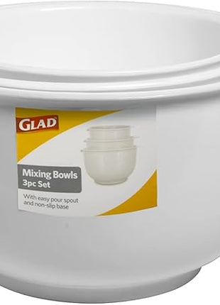 GLAD Mixing Bowls with Pour Spout, Set of 3 | Nesting Design Saves Space | Non-Slip, BPA Free, Dishwasher Safe Plastic | Kitchen Cooking and Baking Supplies, White