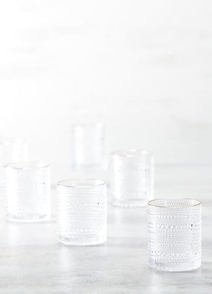 Fortessa Jupiter Beaded Hobnail Glass, 10 Ounce Double Old Fashioned (Set of 6), Gold Rim Clear