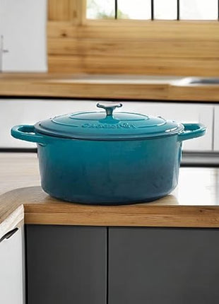 Crock-Pot Artisan 5-Quart Round Enameled Cast Iron Dutch Oven – Teal Ombre, Durable Heavy-Duty Cookware for Slow Cooking, Roasting, Baking with Lid