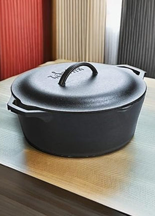 Lodge 7-Quart Cast Iron Dutch Oven – Made in USA, Pre-Seasoned, PFAS-Free & Non-Toxic, Heat-Treated, Induction Compatible, Self-Basting Lid, Durable Multi-Use Cooking Pot for Oven to Table