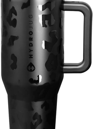 HydroJug Traveler - 40 oz Water Bottle with Handle & Flip Straw - Fits in Cup Holder, Leak Resistant Tumbler-Reusable Insulated Stainless Steel & Rubber Base - Gifts for Women & Men, Black Leopard