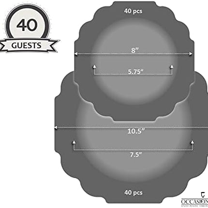 " OCCASIONS " 80 Plates Pack,(40 Guests) Heavyweight Wedding Party Disposable Plastic Plates Set -40 x 10.5'' Dinner + 40 x 8'' Salad/Dessert Plate (Imperial in White/Blue & Gold)