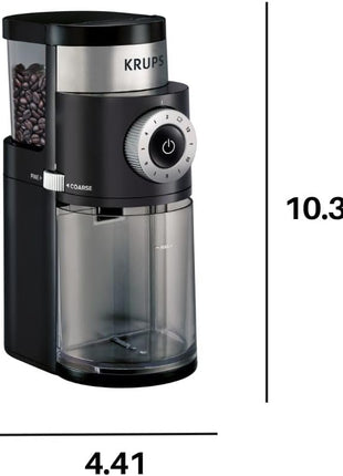 KRUPS Precision Burr Coffee Grinder: 12 Settings, 8 oz Capacity for Drip, French Press, Espresso, Pour Over, Cold Brew - Stainless Steel, 110W, Auto-Stop, Easy Clean - Coffee Grinders for Home Use