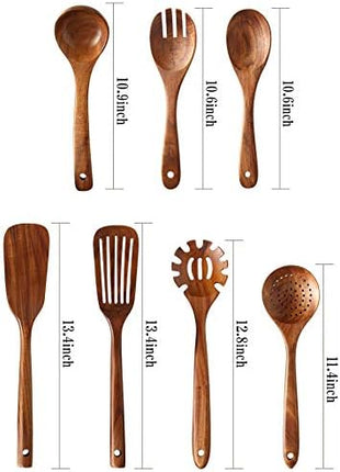 Wooden Kitchen Utensils set, 7Pcs Wooden Spoons for cooking Natural Teak Wood Kitchen Spatula Set for Cooking including Spoon Ladle Fork