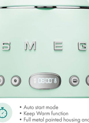 Smeg 50's Retro Style Aesthetic Drip Coffee Machine with 10 Cup Glass Carafe, Auto Start Feature, Keep Warm Plate, and Two Coffee Strength Settings (Pastel Green)