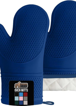 GORILLA GRIP BPA-Free Soft Silicone Oven Mitts, Heat Resistant and Waterproof Cooking Gloves, Thick Cotton Lining, Flexible Gripping for Baking Grilling, Kitchen Potholders Set of 2, 12.5x8.3, Blue