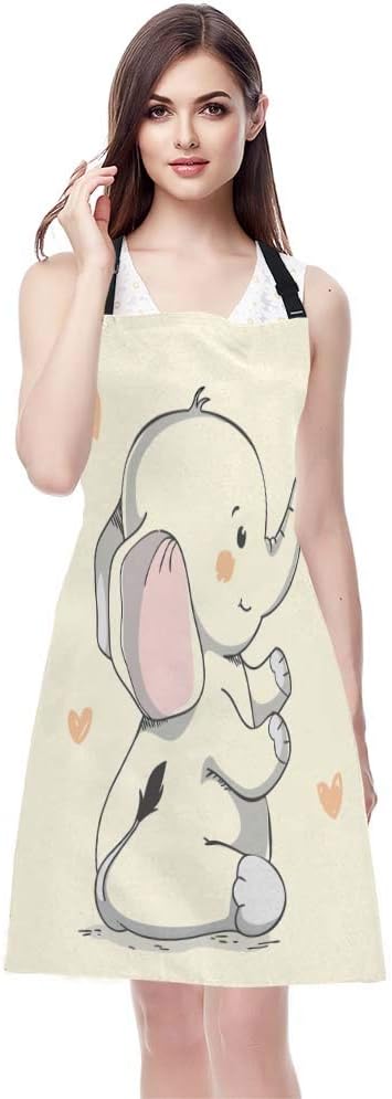 EKOBLA Elephant Aprons Kind Pretty Smiling Elephant Butterfly Trunk Cartoon Hand Drawn Waterproof Resistant Chef Cooking Kitchen BBQ Adjustable Aprons for Women Men 27x31 Inch